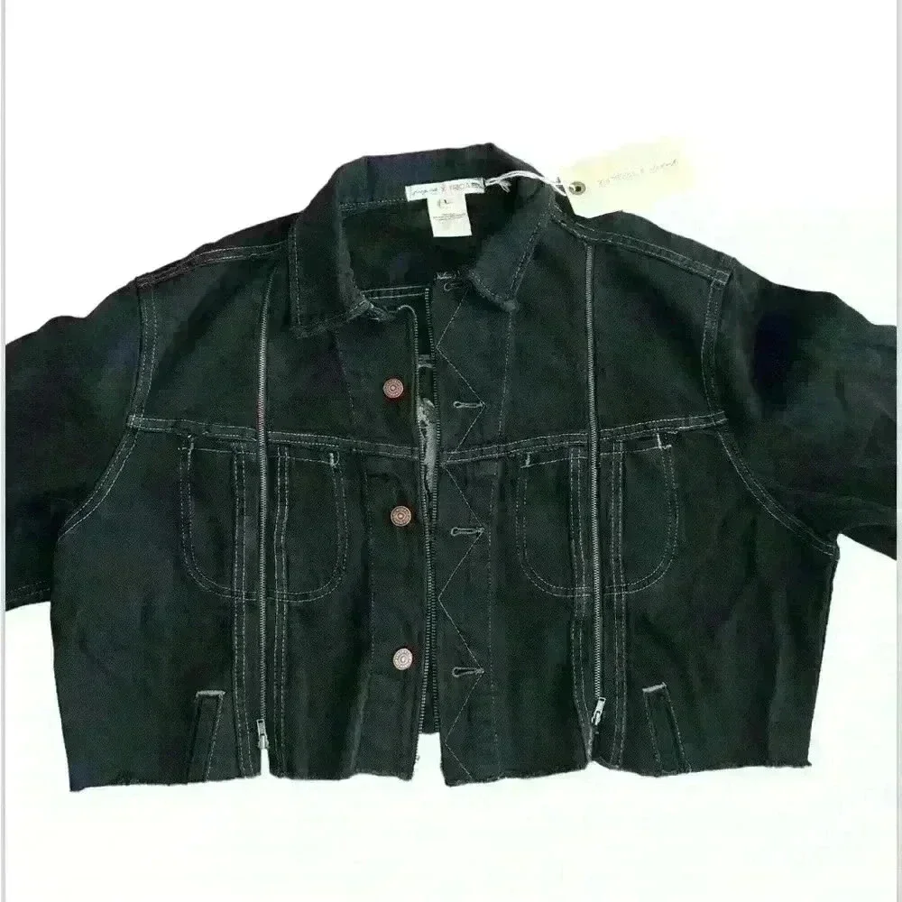 Free people Tricia Fix Western Crop denim jacket size L zipper in wash black nwt - Picture 5 of 12